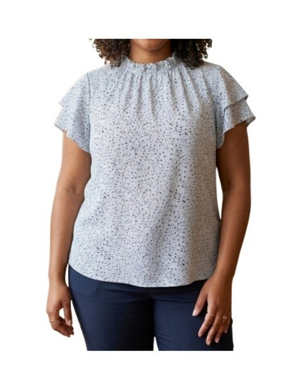 Adrianna Papell Plus White Spotted Blouse Stretch Mockneck Ruffle Sleeves